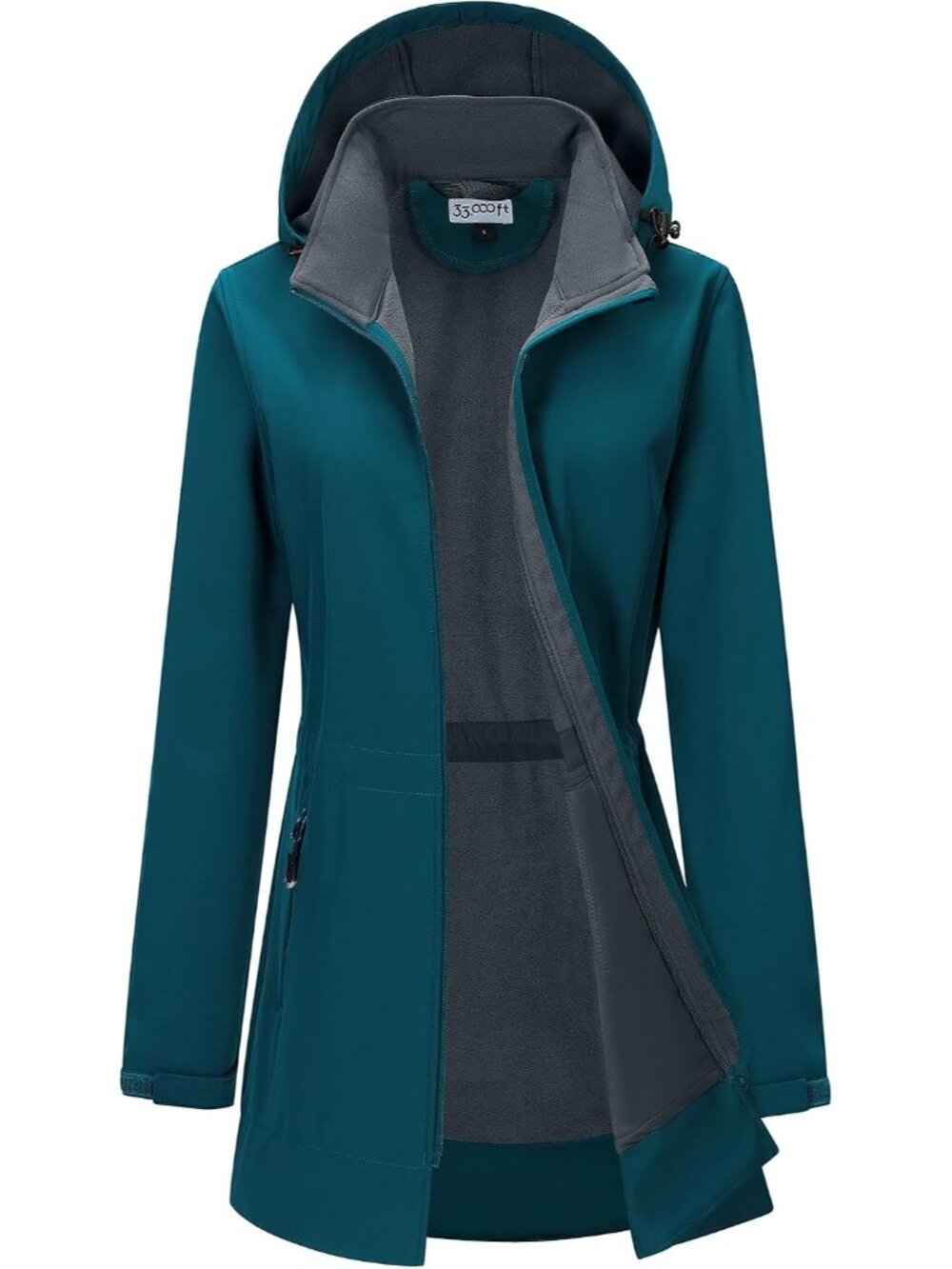 Women's Teal Hooded Fleece Lined Softshell Full Zip Long Waterproof Rain Jacket